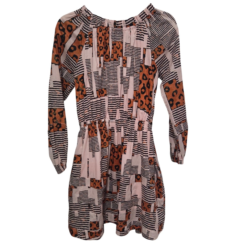 BURU Patchwork Leopard Print Long Sleeve‎ Smocked Waist Mini Dress Women's Small